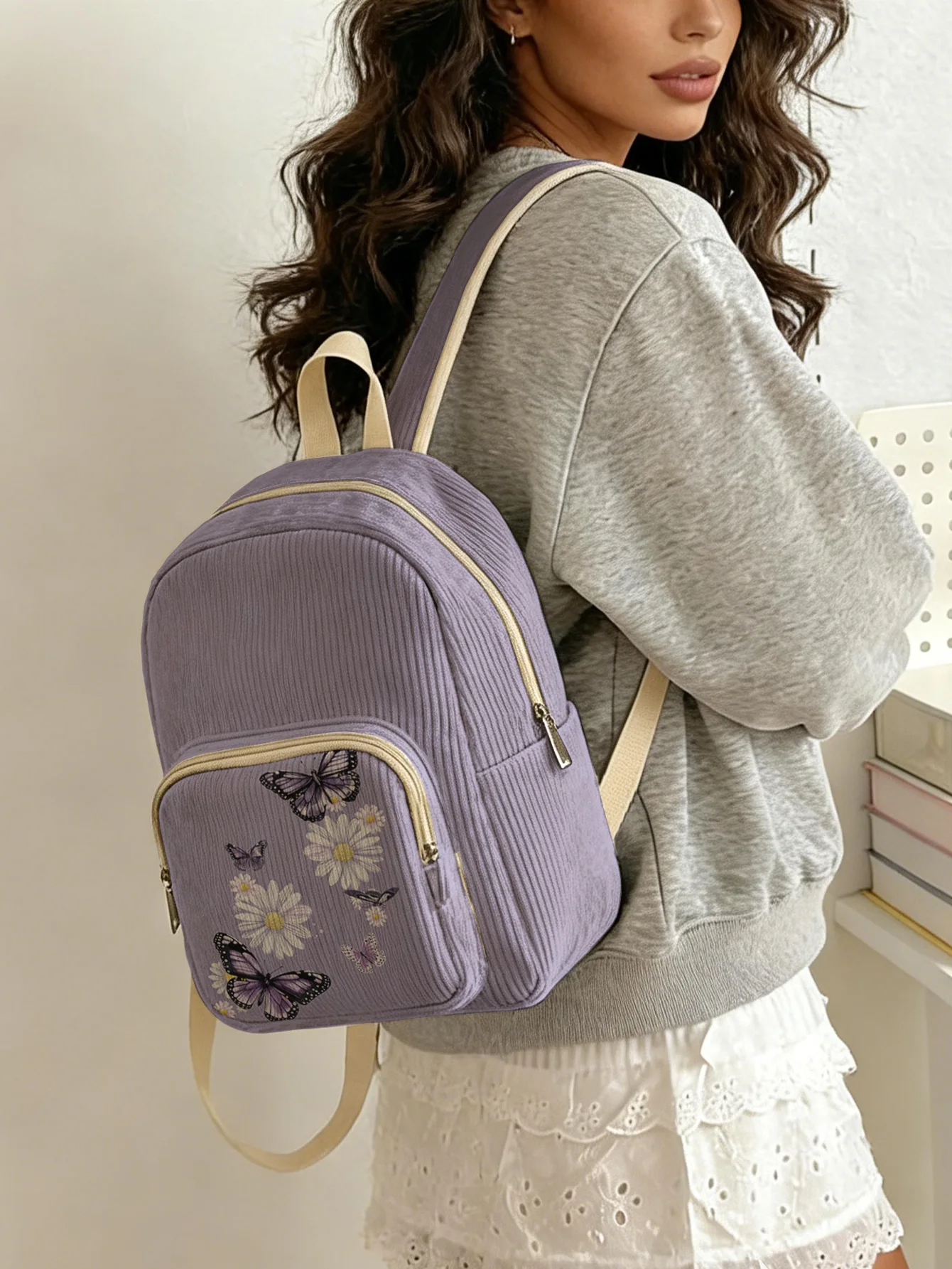 Purple Corduroy Backpack with Butterfly & Daisy Print, Multi-pocket Casual Daypack for Students and Daily Use