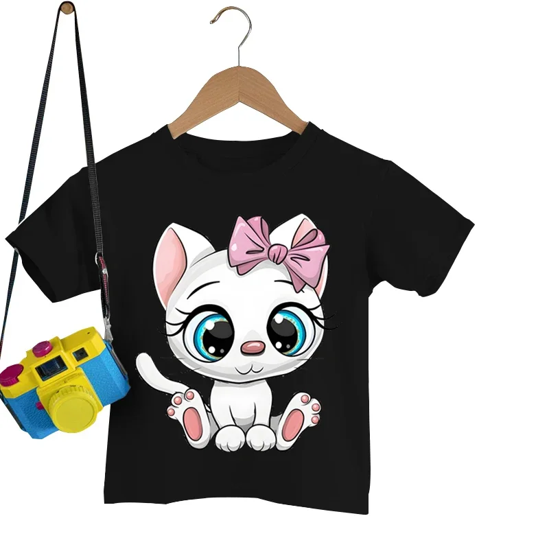 

White Kitten Printed Tshirts for Kids Fashion Cartoon Clothes Summer Short Sleeve Shirt Kawaii Animal Cats Boys Girls T-shirt