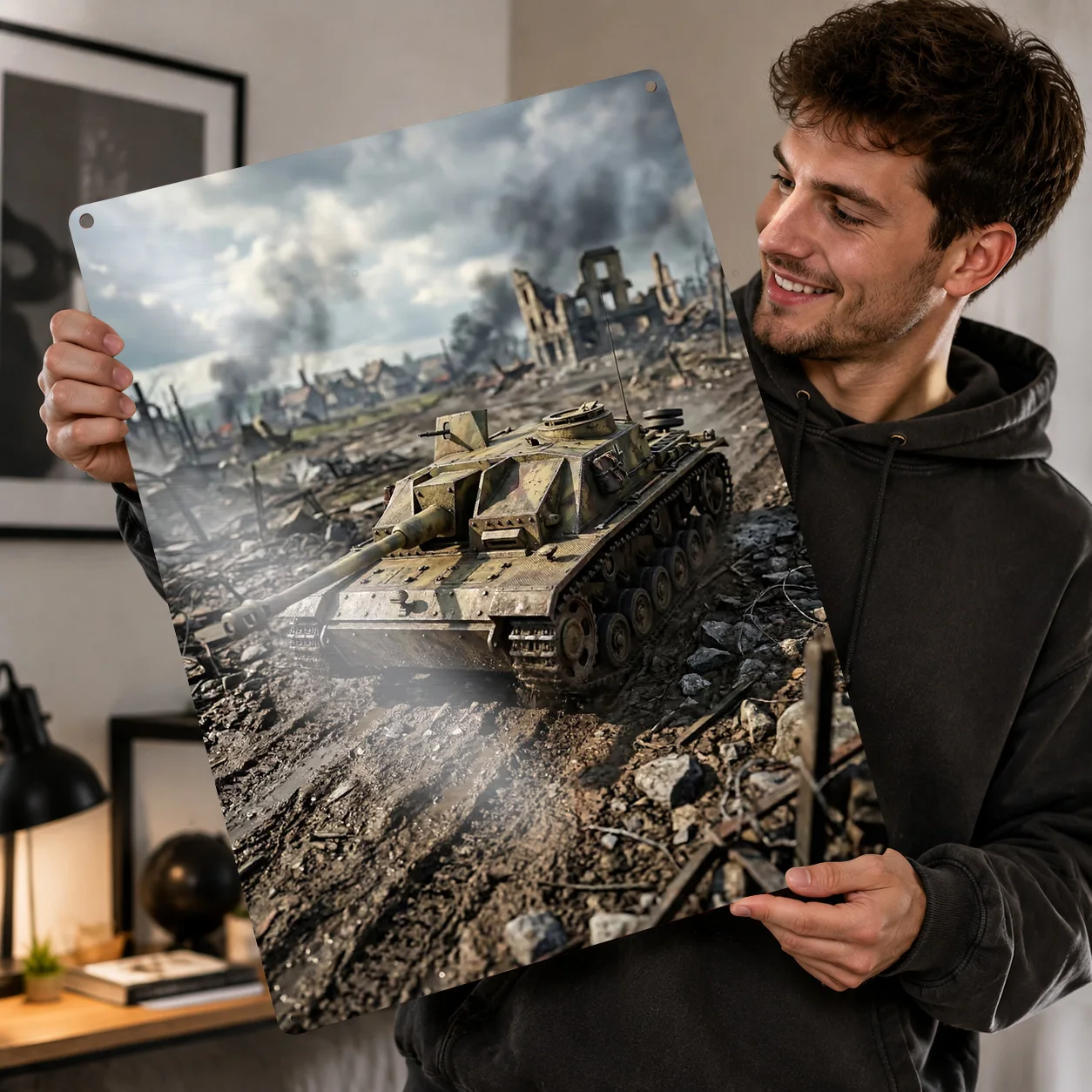 World War II Tank in Ruined City 3D Printed Texture Poster Personalized Wall Art Retro Metal Tin Signs for Bedroom Decoration