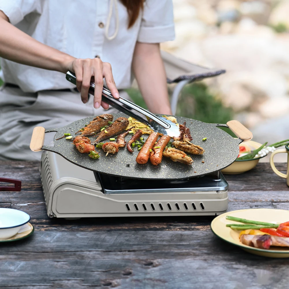 Non-Stick Grill Induction Cooker with Storage Bag & Wooden Handle & Food Clip Outdoor Barbecue Plate for Camping Hiking Supplies