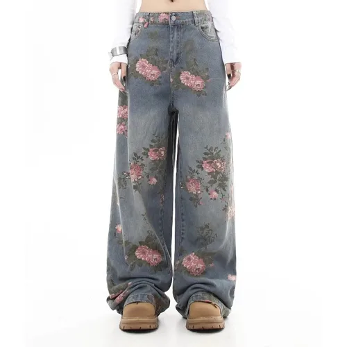 Vaqueros holgados con flores azules para mujer Y2K, Harajuku japonés, estética de calle alta, pantalones vaqueros Retro de pierna ancha y cintura alta, ropa 2025