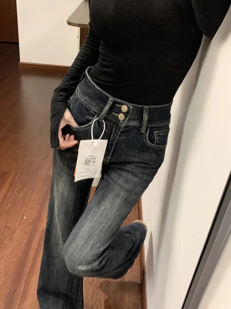 

Джинсы-клеш с высокой талией в американском стиле, утепленные флисом, сине-серые, женские, весенние, новые модные леггинсы