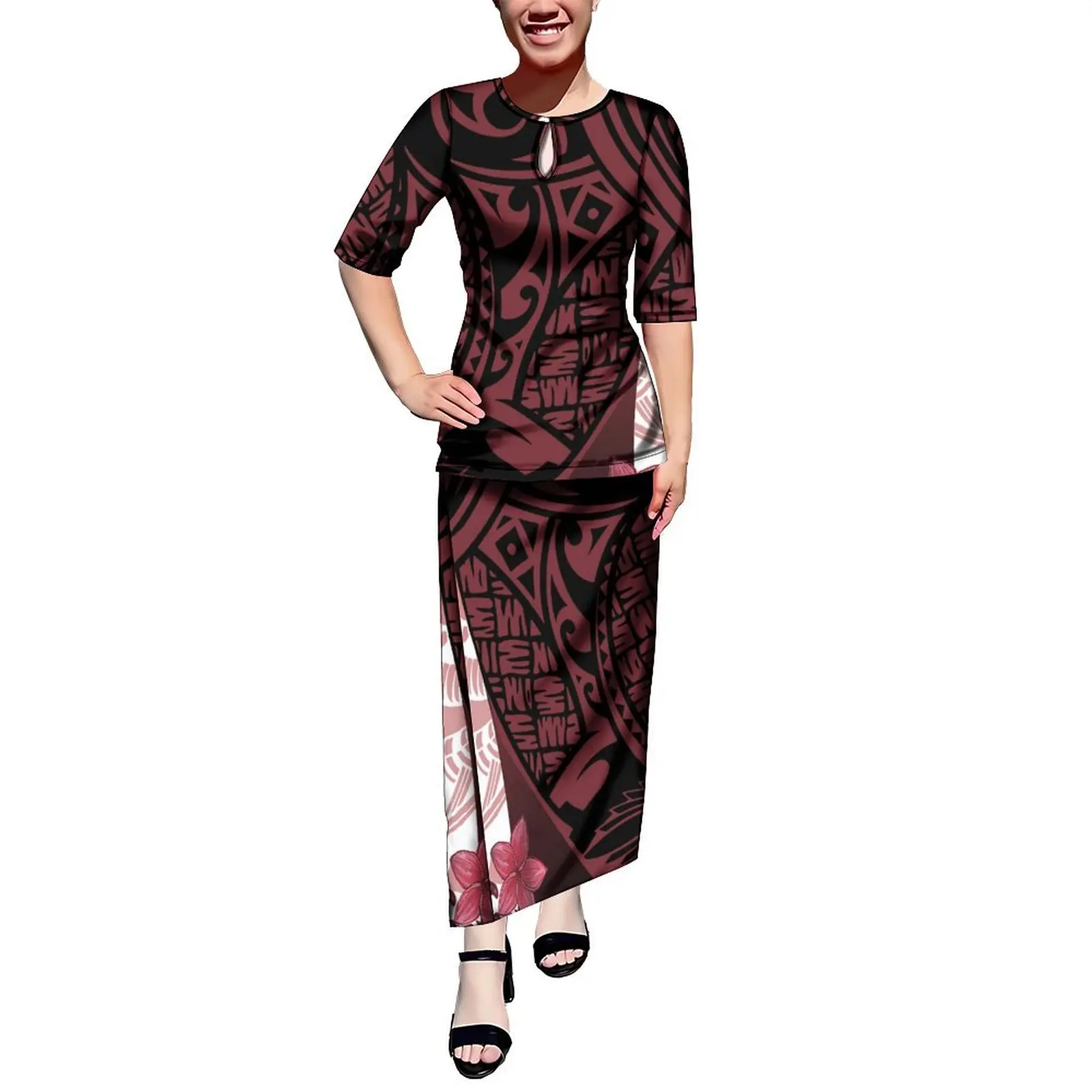 New arrival Customized Water Drop Design Half Sleeve O-Neck Samoan Puletasi Long Dress Women 2 Piece Set Dress