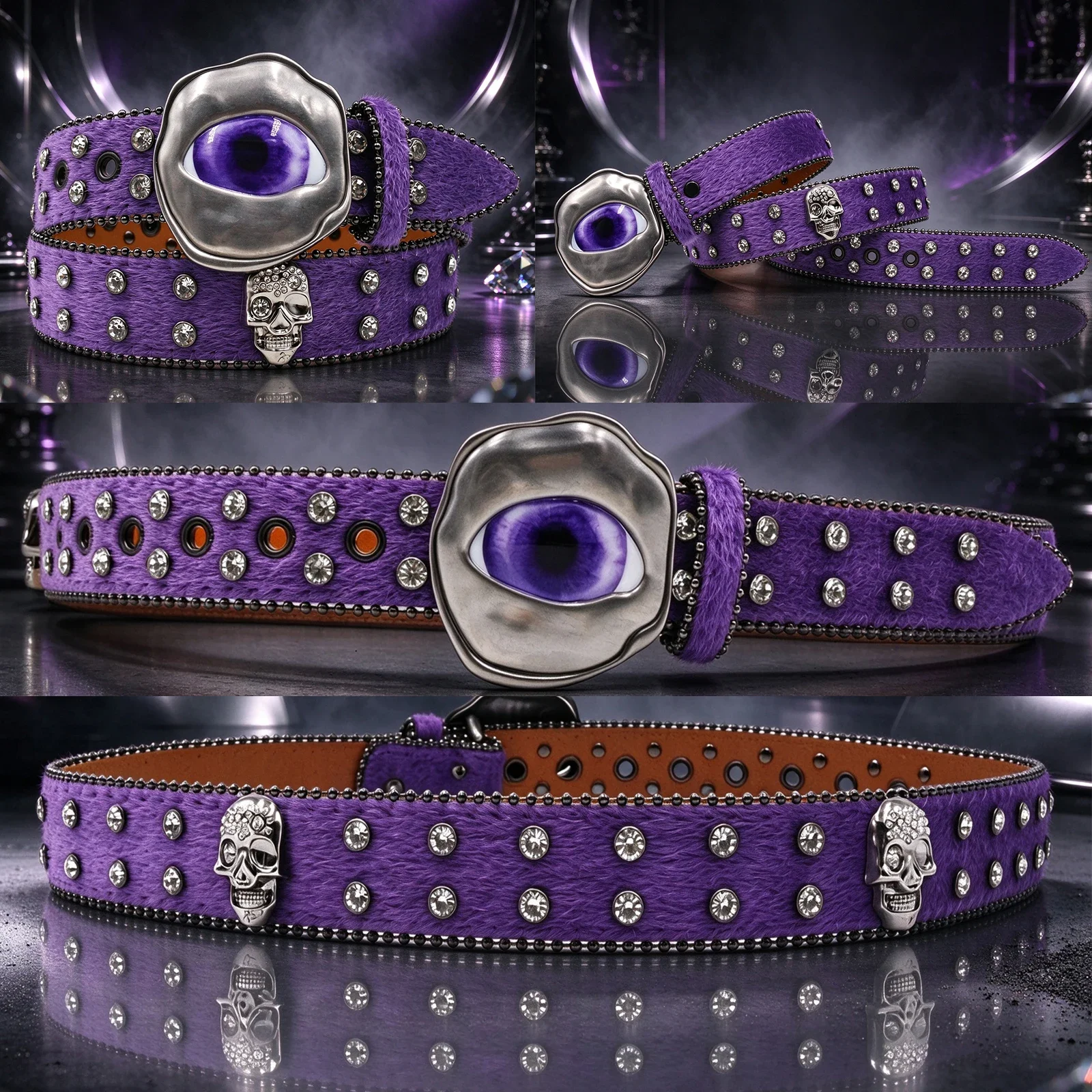 Harajuku Goth Faux Horse Hair Belt, Colorful Eyeball Buckle Skull Rhinestone Rivet Decoration Unisex Y2K Streetwear Waistband