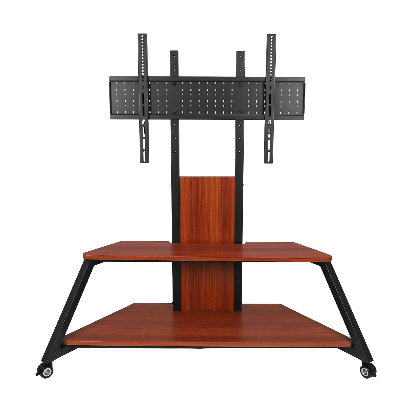 

Вращающаяся тележка для телевизоров с диагональю 60-100 дюймов, до 220 фунтов, с деревянными полками, регулируемой высотой и блокируемыми колесами для дома и офиса