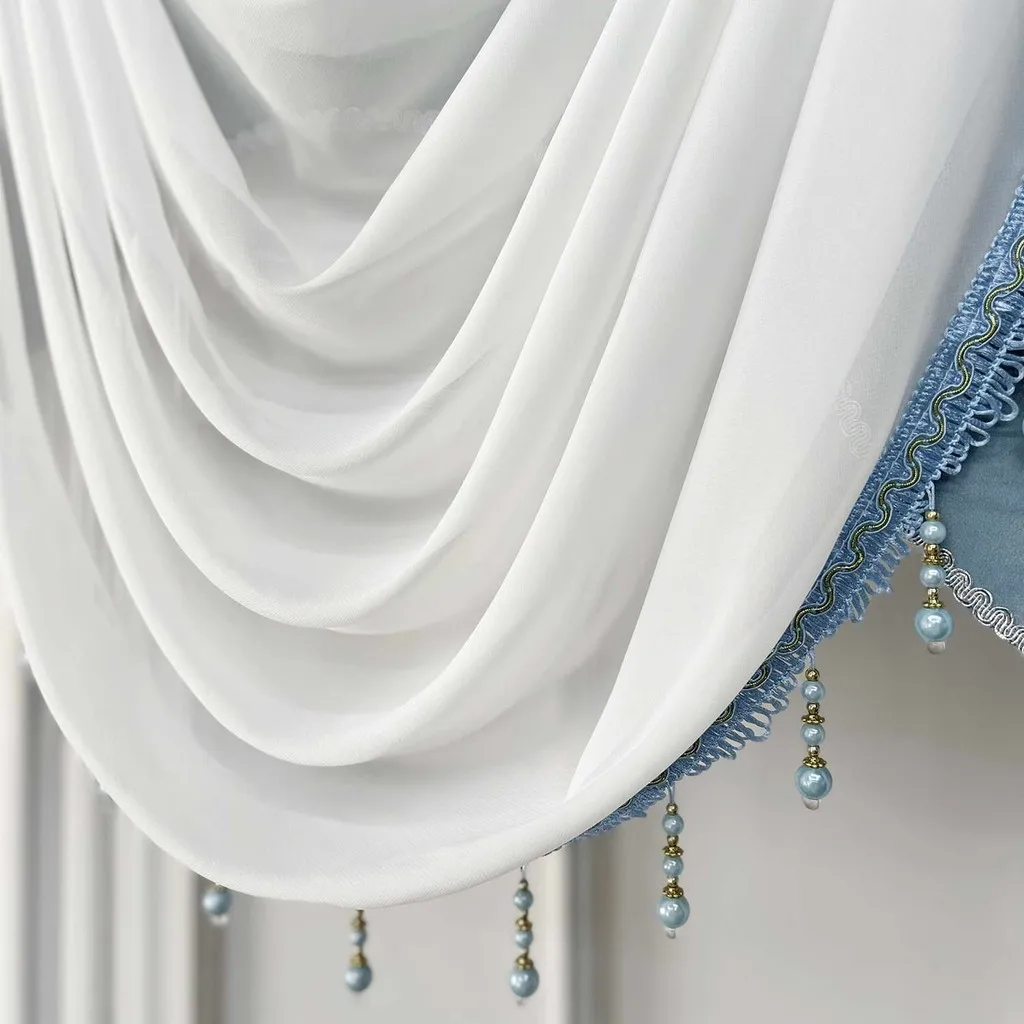 1pc, azul e branco luxo cachoeira valance cortina pendurado para janela de luxo grosso swag com pingente contas janela decoração do quarto
