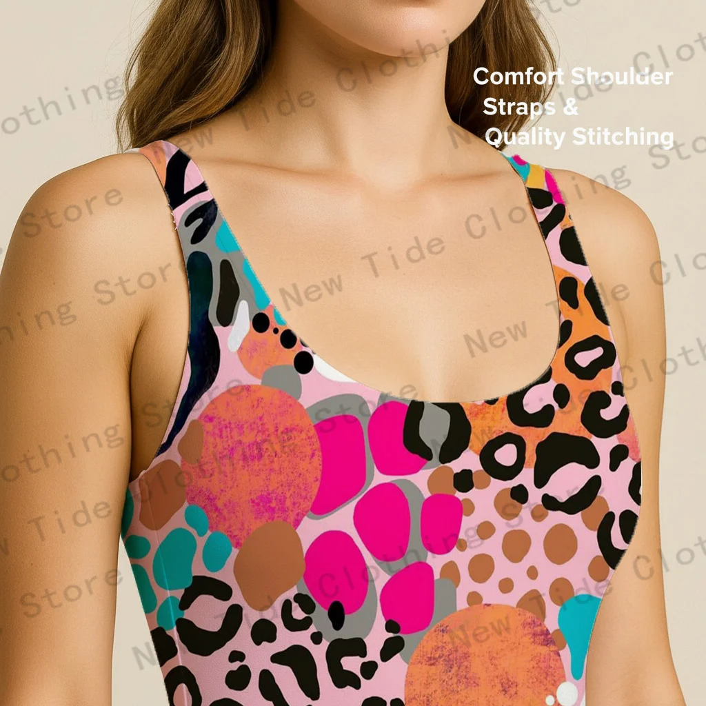 Costume da bagno intero da donna con stampa leopardata colorata, senza maniche, vestibilità slim, per outfit da piscina per vacanze estive in spiaggia