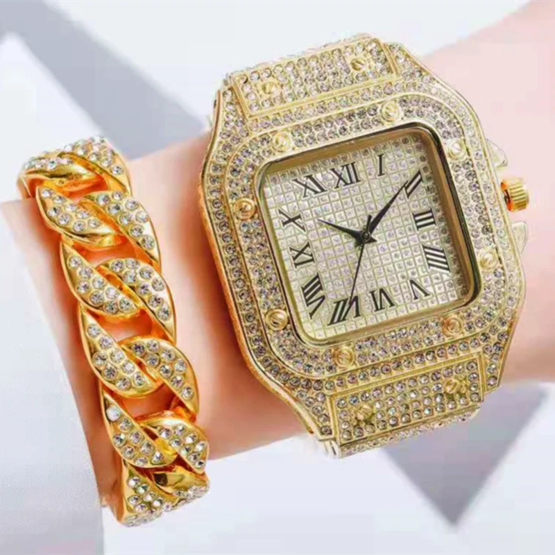 2PCS Luxury Watch for Women Gold Cuban Chains Bracelets Iced Out Watch Bing Hip Hop Mens Watch Set Jewelry Diamond Watch Women