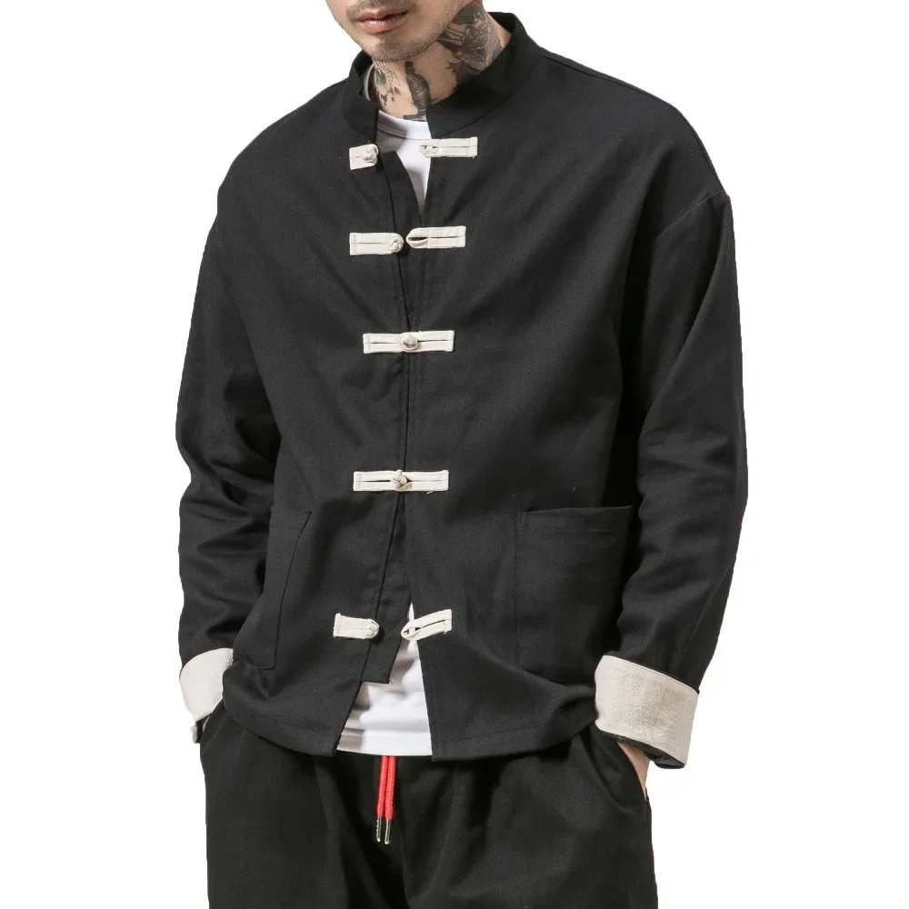 Retro Oriental Jacket Men Cotton Linen Jacket China Style Frog Closure Button Kongfu Coat Male Loose Patchwork Cardigan Overcoat