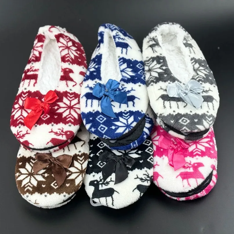 Winter Warm Slipper Women Bow Knot Snowflake Fur Skid Grip Cute Funny Indoor Home House Fluffy Shoe Female Floor Christmas