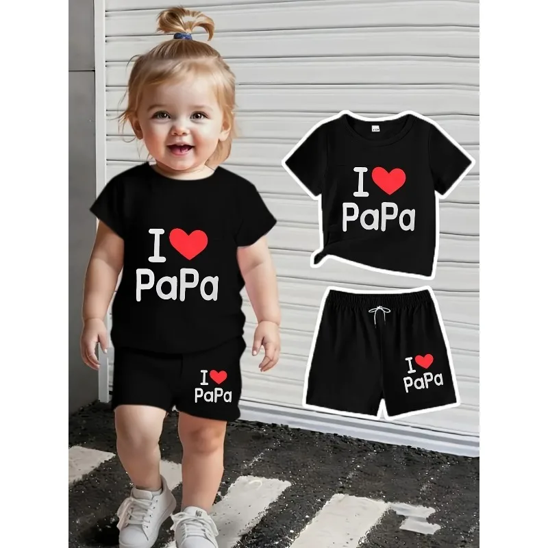 

Комплект из топа с круглым вырезом и надписью I LOVE Papa + повседневных шорт, весенне-летний комплект из 2 предметов для активного отдыха, идеально подходит для ношения на улице
