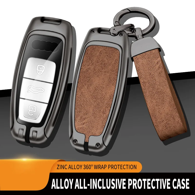 Zinc Alloy And Leather Car Key Case Protective Shell For Audi A3 A4 A5 A7 A6 C8 Q8 Q7 Q5 Q4 Q3 E-tron Car Key Cover Accessories