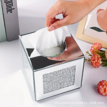 Crystal Diamond Decorated Glass Mirror Tissue Box Holder Square Bling Napkin Storage Rack Home Decoration - view 5