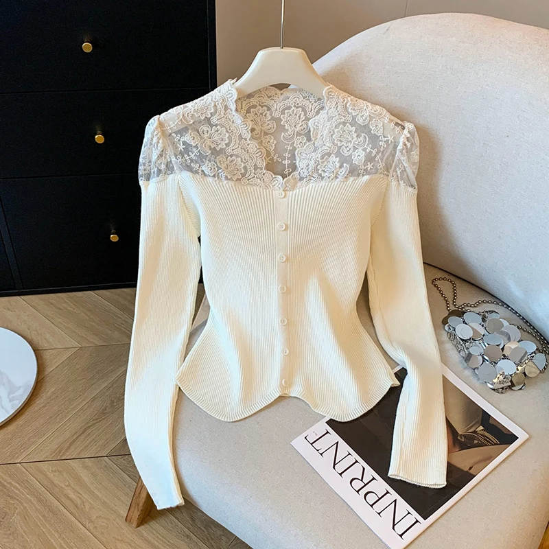 韓国レースパッチワークニットセーター女性エレガントな薄手のセクシーなスリムカーディガン V ネック長袖春秋プレッピースタイルトップ