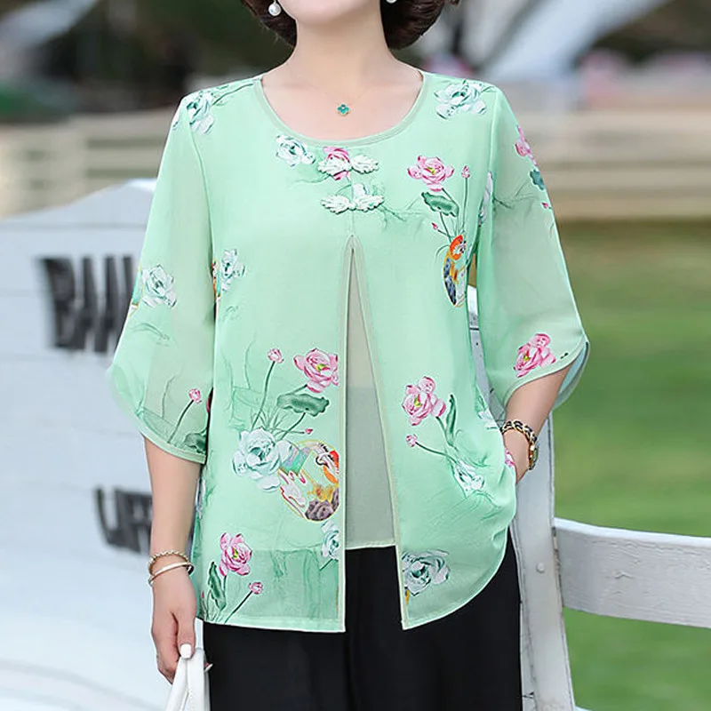 Vintage Fake Two Pieces Shirt Tops Summer New Round Neck Half Sleeve Loose Plus Size Blouse Casual Fashion Women Clothing