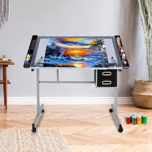 Adjustable Drafting Table Art Desk Drawing Table Versatile Art Craft Work Station Glass Tabletop w/2 Slide Drawers and
