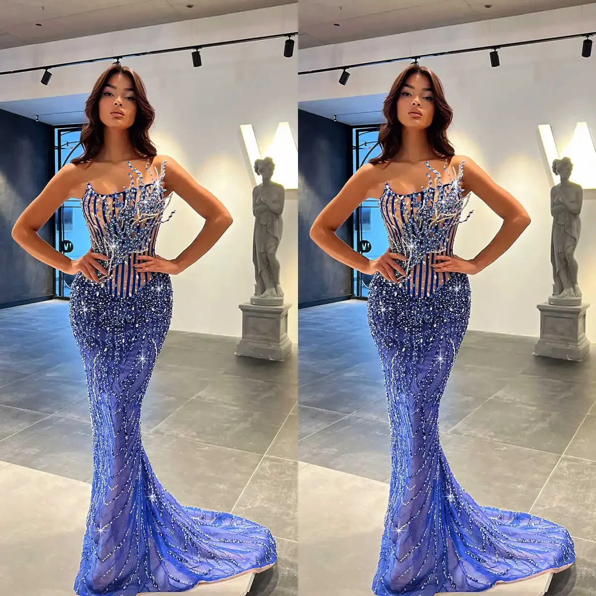 Mermaid Evening Dresses Beads Appliques Glamorous Decoration Backless Strapless Train Prom Dress Vestido De Noite Customized