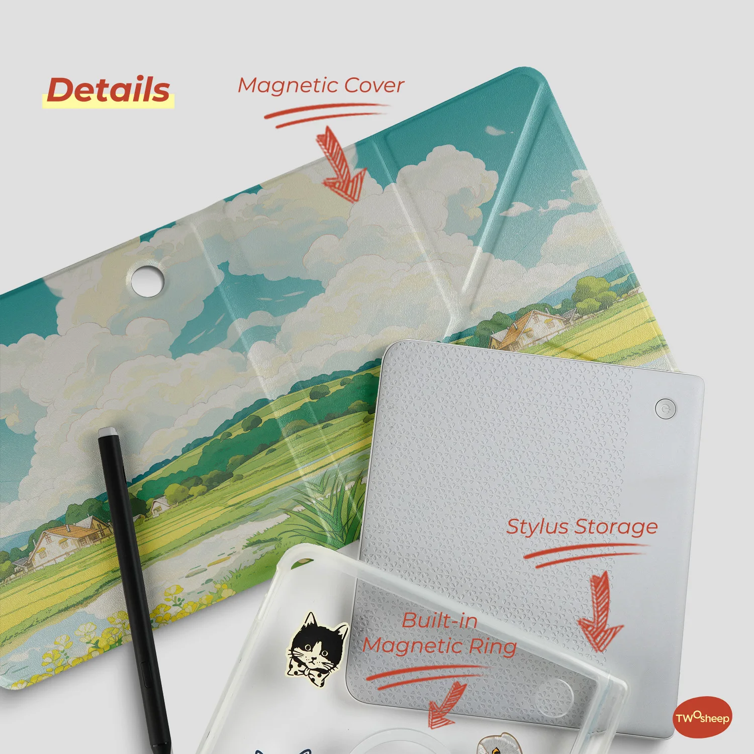 Twosheep Modern Art Illustration abnehmbare magnetische Hülle für Kobo Libra Colour Libra2, Stifthalter, Ständer, transparente Abdeckung, schlank – Detail 2