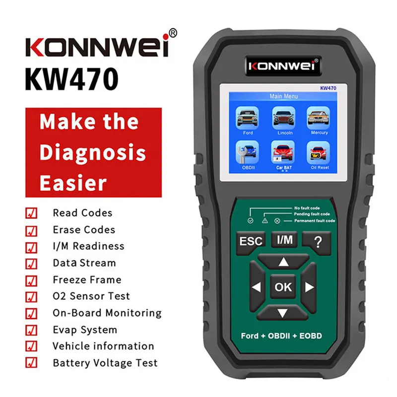 

KONNWEI KW470 OBD2 Full System Scanner Car OBD 2 Code Reader With Battery Tester Diagnostic-Tool ABS SRS Oil/SAS/BMS Reset Tool