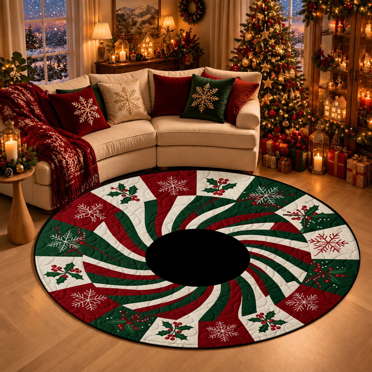 Peppermint Swirl Holly Snowflake Tree Skirt Velvet Machine Washable Living Room Holiday Decor Party Display Home Ornament Halloween Thanksgiving Black Friday Christmas New Year