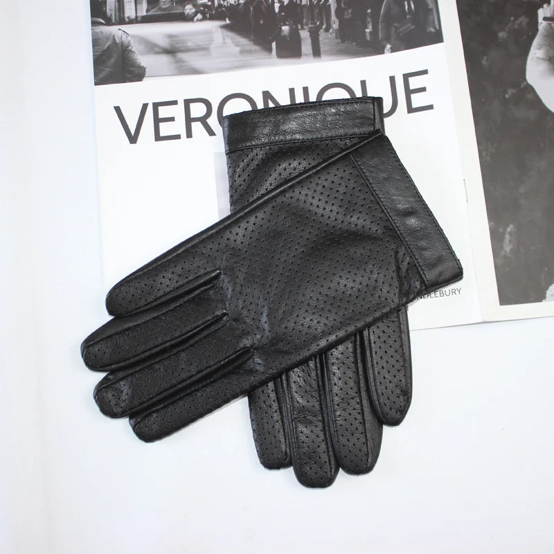 Guantes de conducción de piel de oveja para hombre, de alta calidad, pantalla táctil, seda transpirable, malla de moda, cuero versátil, guantes de