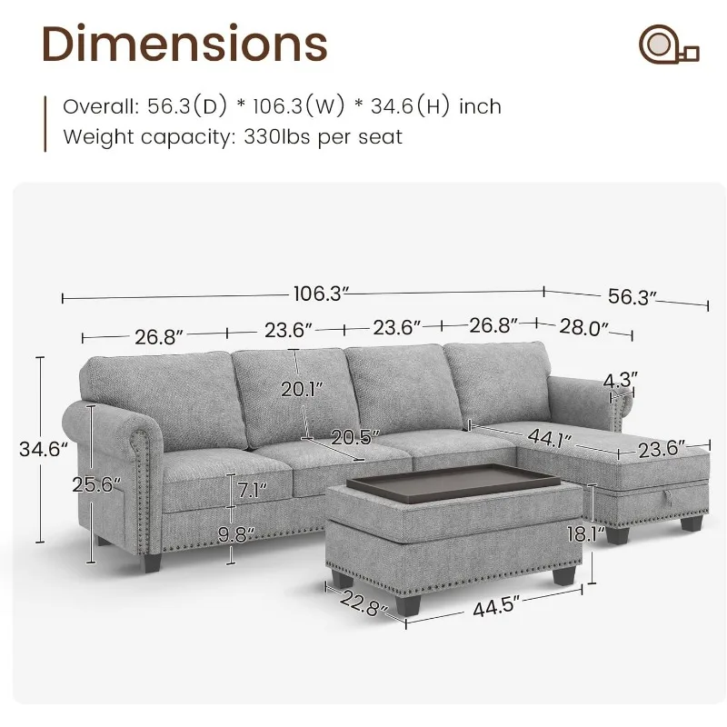 Cabrio Schnitts ofa Couch, l-förmige Couch mit Aufbewahrung Ottomane Wende-Sofa mit Chaiselongue kleine Schnitts ofas