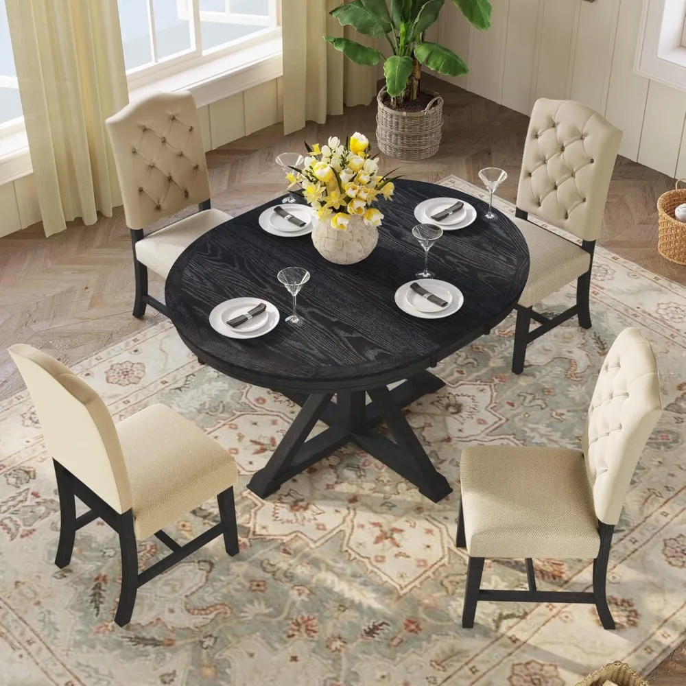 Retro Style 5-Piece Round Dining Table Set for 4,Round Extendable Table with 4 Upholstered Chairs for 4,Dining Room Table Set