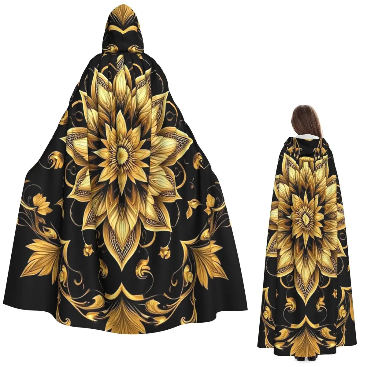 

Ornate Floral Pattern With Golden Lotus And Vines Long Hooded Cloak Witch Medieval Costume Cosplay Cape HalloweenVampire Adult