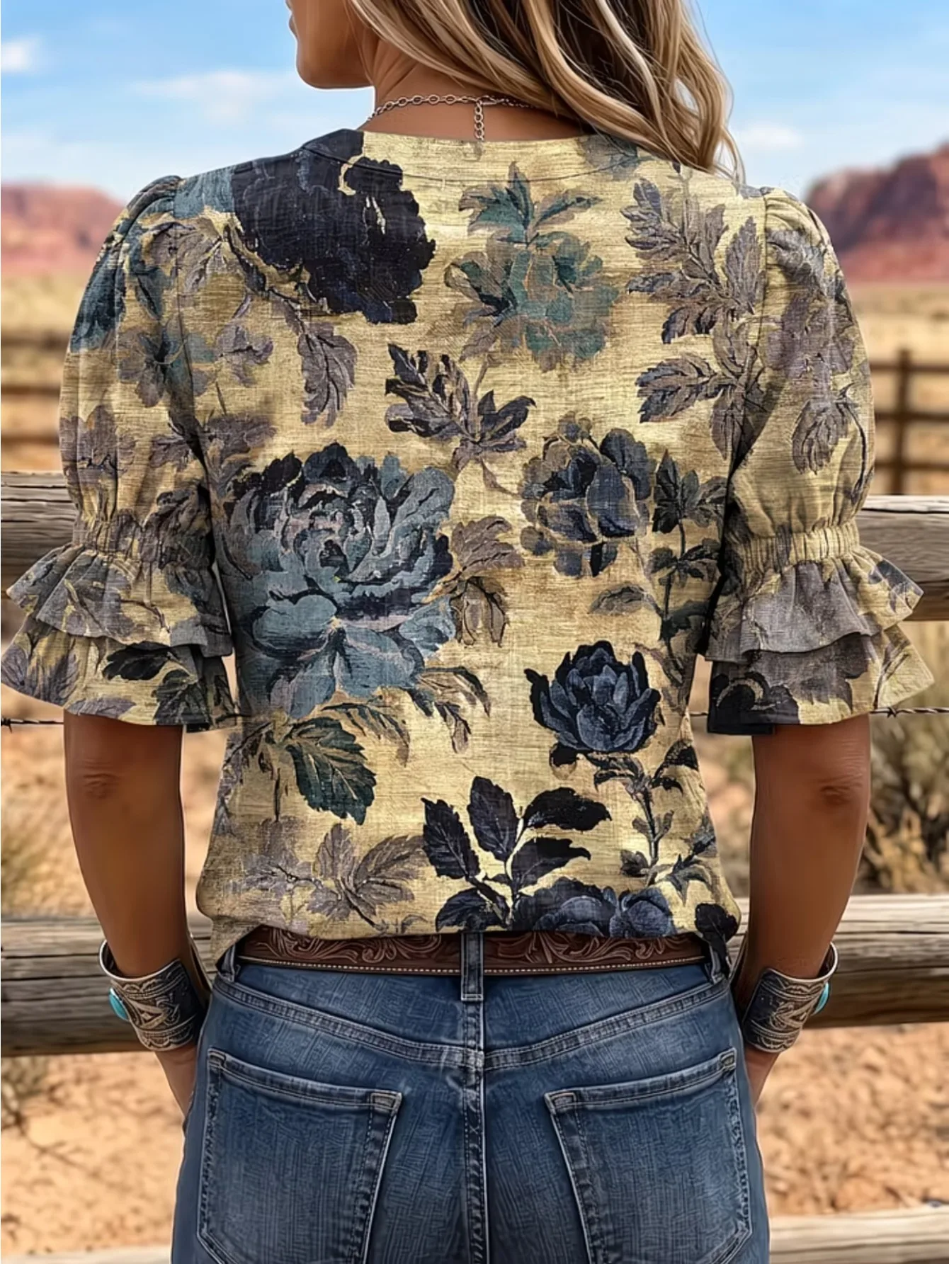 Women Western Peony Floral Blouse Stand Collar Metal Button Puff Short Sleeve Loose Casual Top