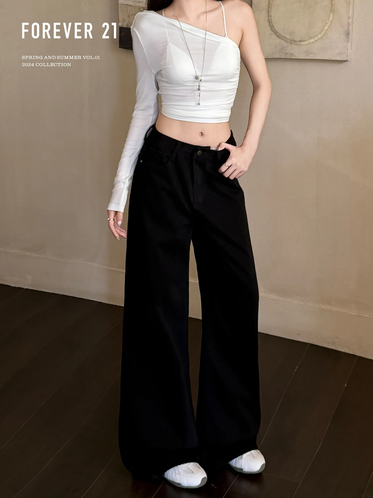 High Waist Wide Leg Black Denim Jeans Women's Pear Shape Slimming Loose Straight Long Trousers Forever 21 American Style