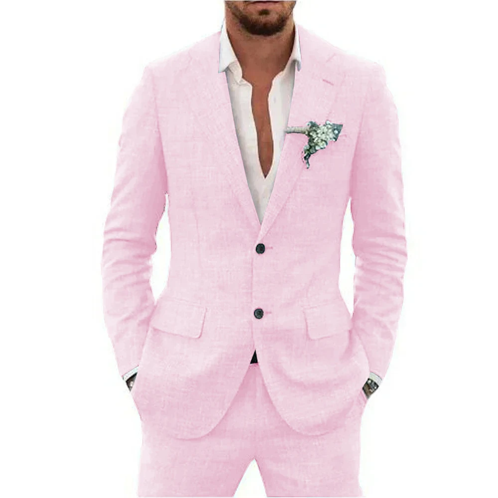 Casual Linen Suit for Men Notched Lapel Slim Fit 2 Pieces for Wedding Dresses Summer Beach Tuxedo Suits for Men