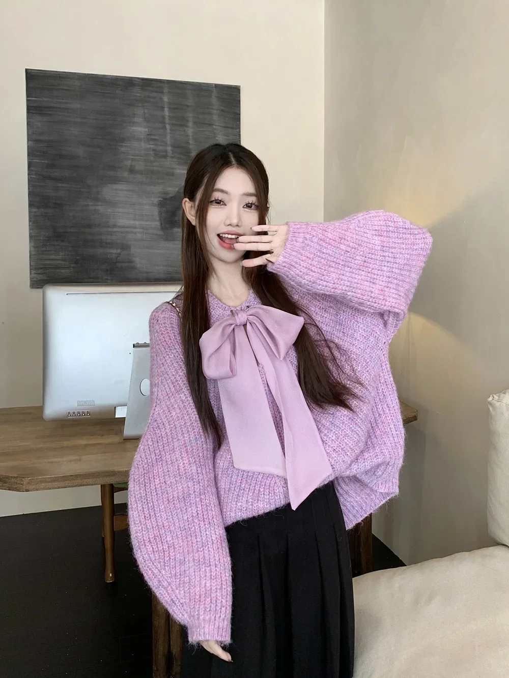 Neploe Loose French Style Bow Korea Chic Minority Jumper Women Autumn Winter Soft Pullover All-match Exquisite Luxury Pull Femme