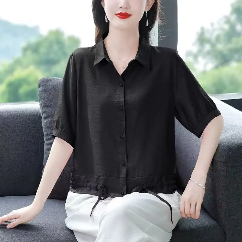 Women Summer Simplicity Loose Temperament Solid Color Cotton and Linen Short Sleeve Shirts Ladies Casual Appear Thin Trend Tops