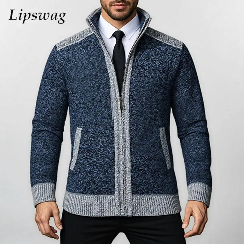 

Business Casual Mens Slim Knit Cardigans 2025 Autumn Winter Stylish Patchwork Stand Collar Sweatercoats Vintage Men Zipper Coat