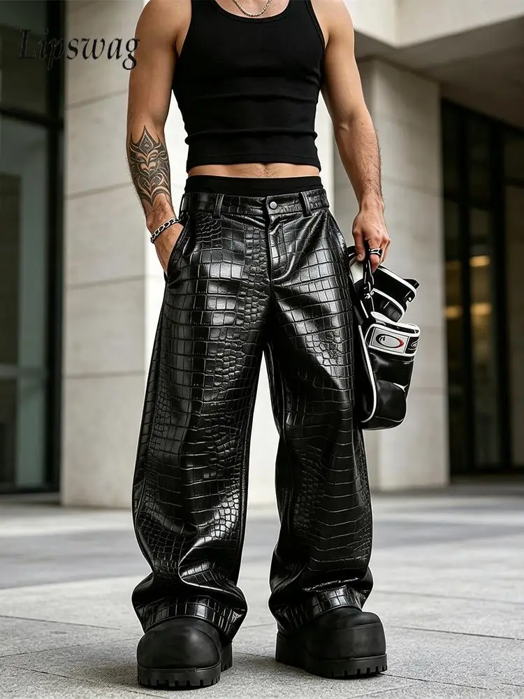 Streetwear Retro Men PU Leather Pants Spring Autumn Crocodile Texture Wide Leg Loose Daily Outdoor Mens Fashion Bottoms For Men