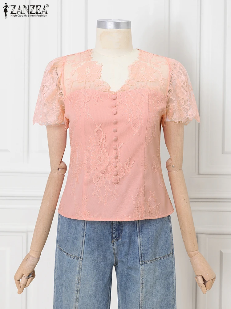 

Lace Tops Women Casual Hollow Out Blouses Fashion Short Sleeve V Neck Blusas 2025 ZANZEA Elegant OL Work Tunic Pullover