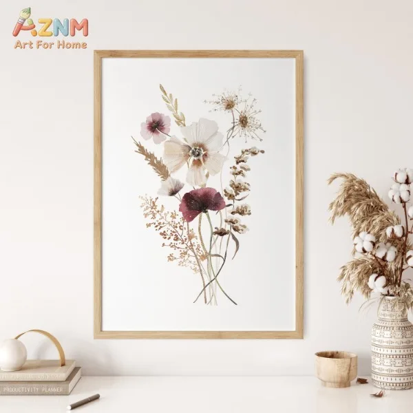 AZNM Vintage Dried Wildflower Canvas Wall Art Watercolor Neutral Autumn Floral Botanical Print Boho Farmhouse Bedroom Living Roo