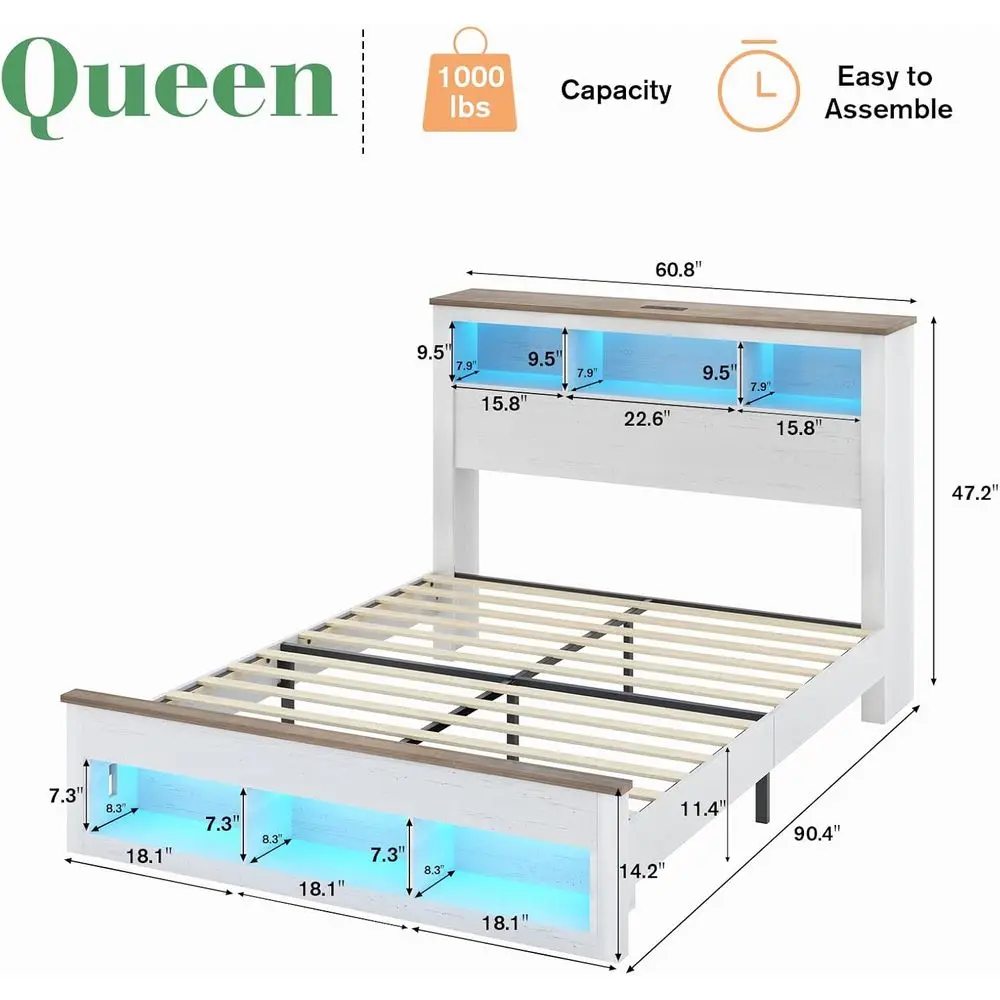 سرير تخزين بحجم كوين مع خزانة كتب ولوح للقدمين ودعم شريحة خشبية - إضاءة LED بدون ضوضاء، لا يتطلب صندوق زنبركي، أبيض #2