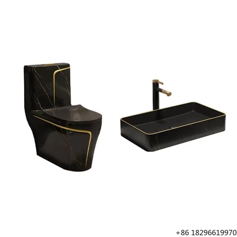 

Modern Glazed Bathroom Sink Black Ceramic Toilet Bowl WC Set for Home Hotel Bathroom