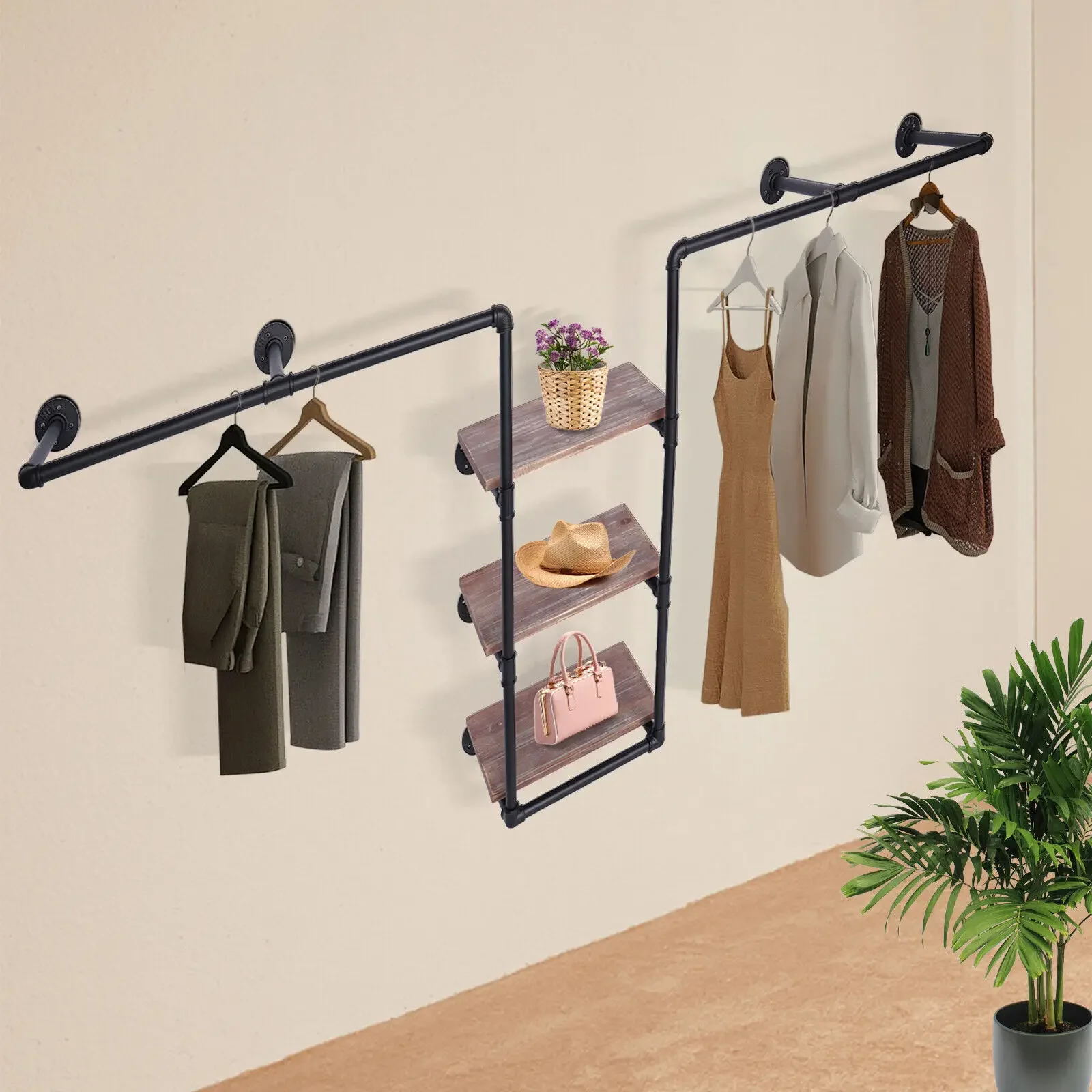 

Clothing Rack Wall-Mounted Display Shelf Rustic Garment Hanging Industrial Pipe For Clothing Retail Store