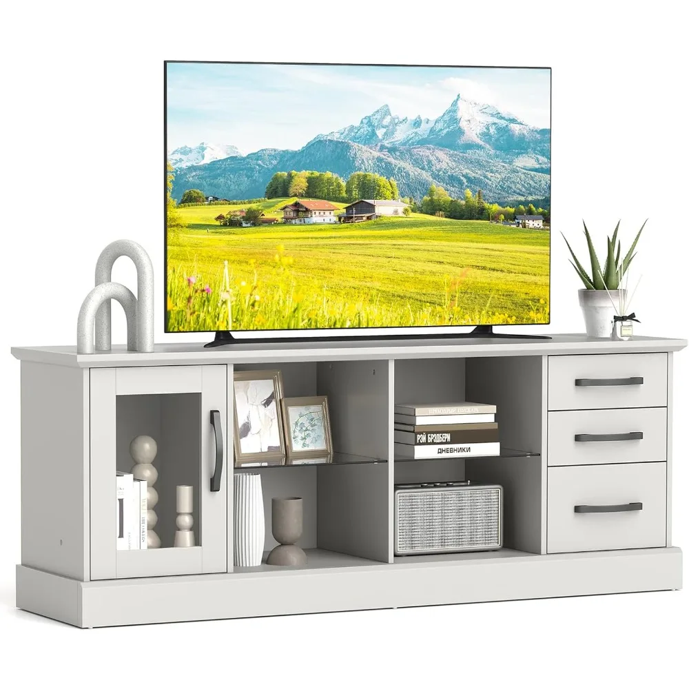 Rustic Wooden TV Stand Console Table with Removable Glass Shelves, Cable Management and Drawers for 73 Inch TVs