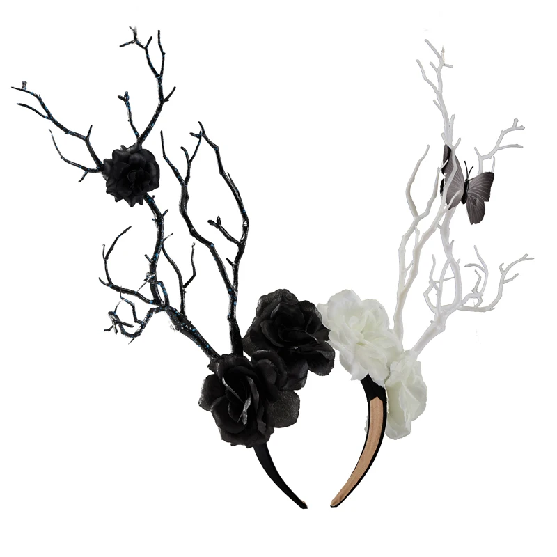 Fascia per capelli di Halloween Gothic Retro Black Rose Tree Branch Hairband fiori Vintage farfalla costumi Cosplay copricapo