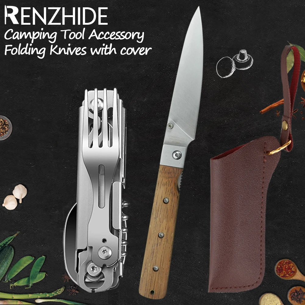 

RZD Pocket Folding Knife Stainless Steel Camping Utensils Fork Spoon Bottle Opener BBQ Hiking Tool Accessory With Cover Sheath