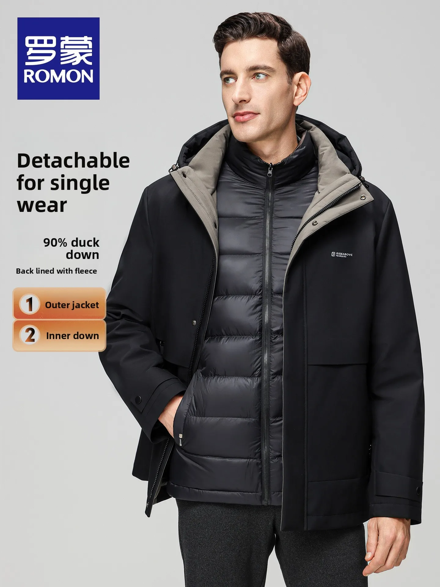 Warm Fleece Lined Detachable Inner  Men's down Jacket Outdoor Casual Style Polyester Fiber Duck down Filled Short Coat