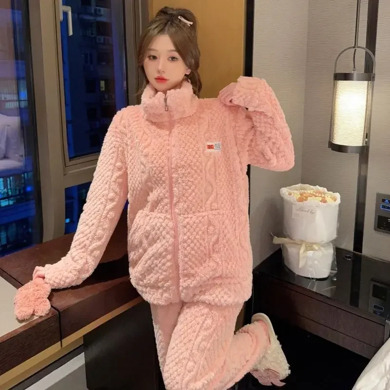 120Kg Autumn and Winter Large Size Pajamas Women's Loose Dormitory Sweet Zipper Thickened Turtleneck Going Out Loungewear Set