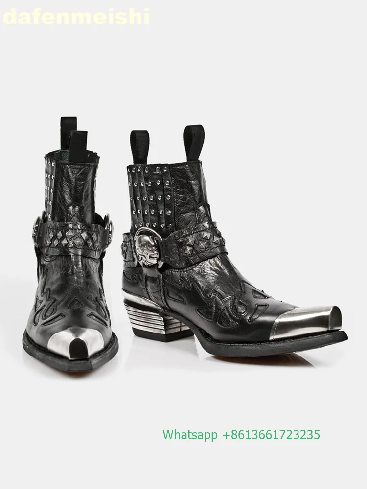 Metal Square Toe Chunky Heel Boots Rivet Metal Buckle Black Leathe Western Cowboy Boots Men/women Height Increasing Chelsea Boot