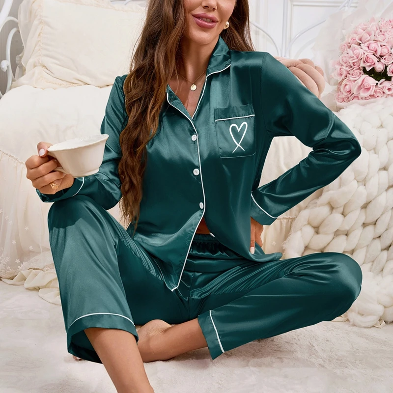 Women\'s Home Clothes Satin Pajama Autumn Long Sleeve Pocket Heart-shaped Embroidery Tops & Pants Pyjama Femme Loungewear Pj Set