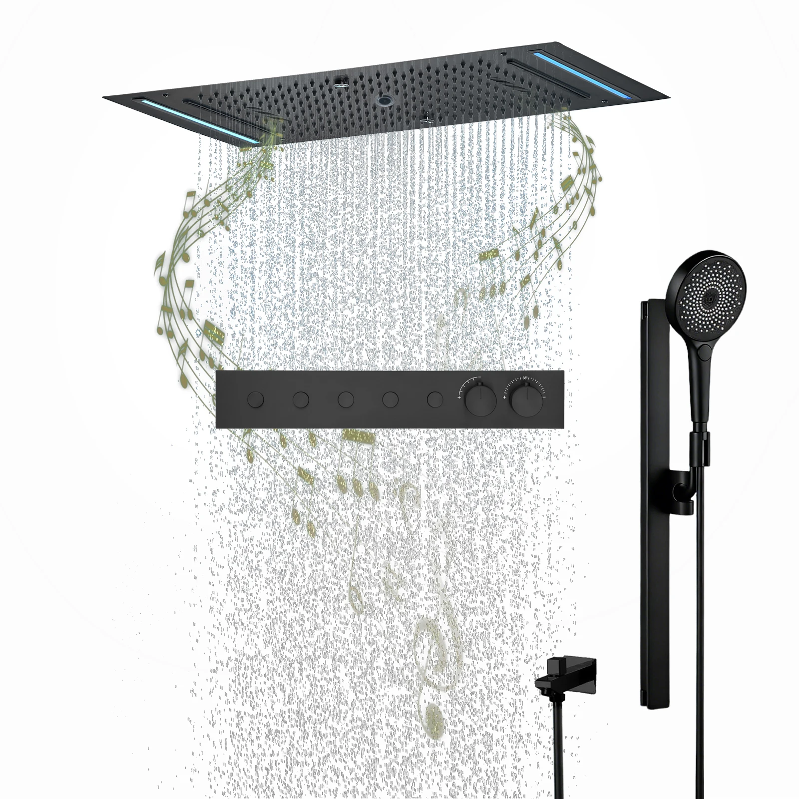 

Qlonn 5 функций термостат для ванной комнаты переключатель умный душевой набор светодиодное освещение музыка встроенный потолок 638 × 338 мм черная насадка для душа