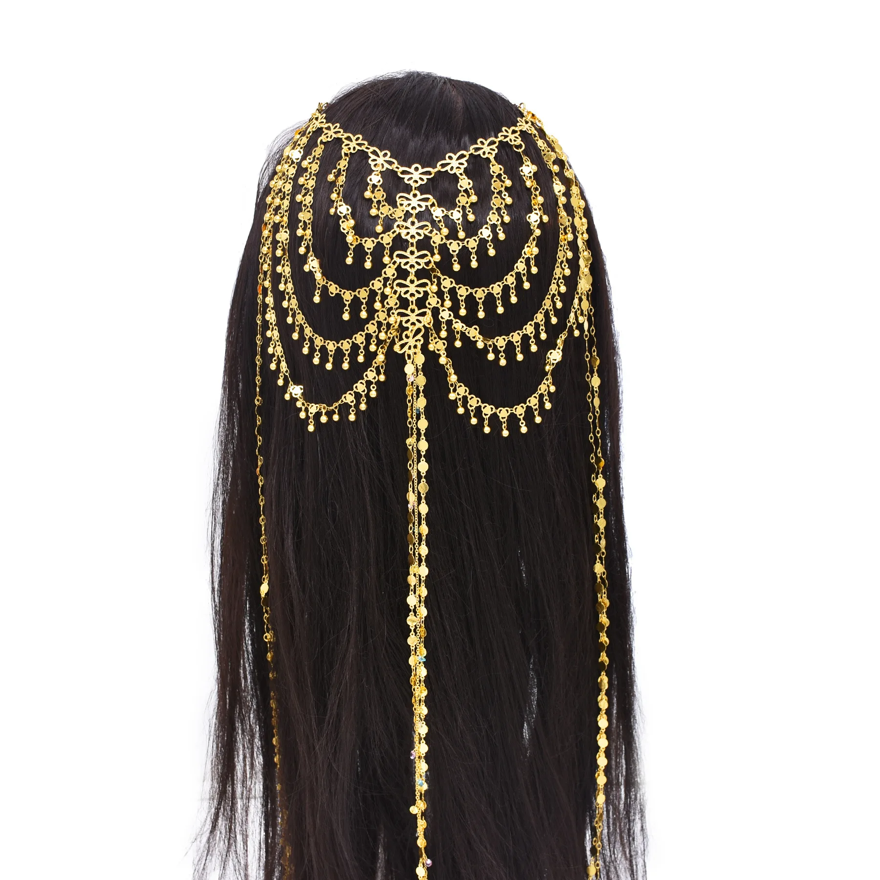 3 Styles Golden Arab India Ethnic Headwear Hair Accessories Long Chains Round Sequins Coin Crystal Tassel Bridal Wedding Jewelry