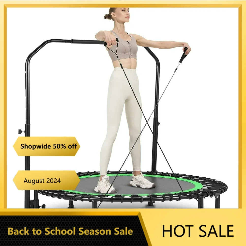 

40/50" Foldable Mini Trampoline Max Load 450/550lbs, Fitness Trampoline with Bungees, Adjustable Foam Handle, Indoor Trampoline.